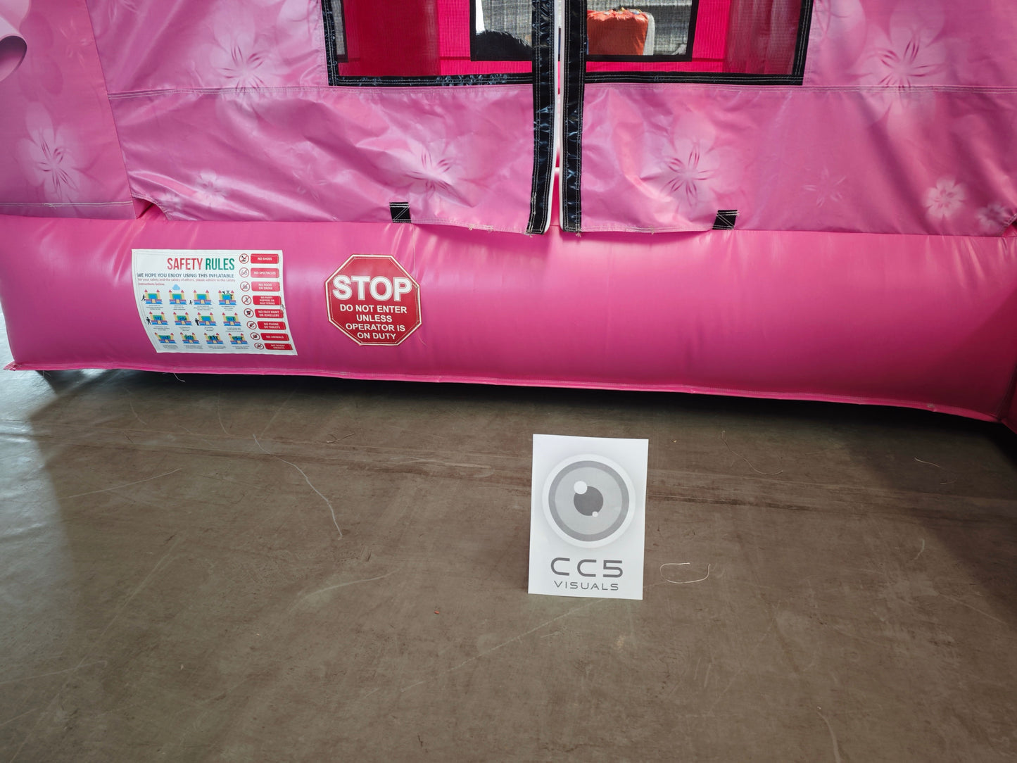 A pink Disney Princess themed inflatable bouncy castle with character illustrations, including Cinderella, Belle, and Ariel, with a slide and landing pad.