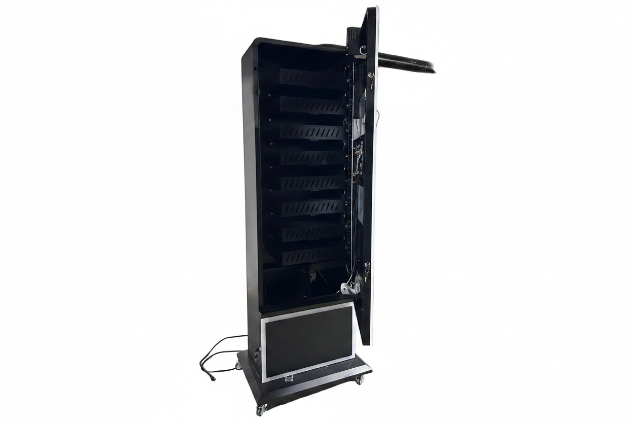 Black vending machine device with open door displaying the interior on a white background