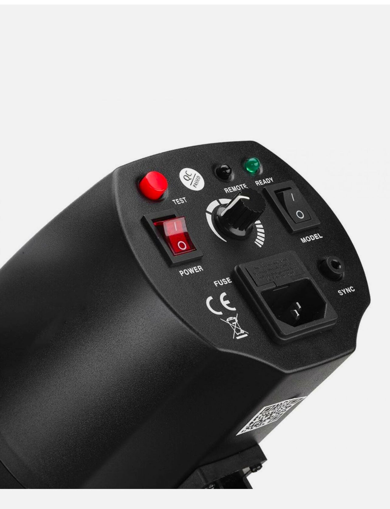 A studio light with a flash unit positioned beside it, primarily for photography purposes.