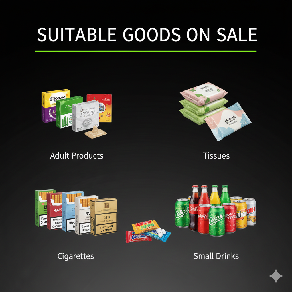 Display of adult products, tissues, cigarettes, and small drinks with 'Suitable Goods on Sale' text.