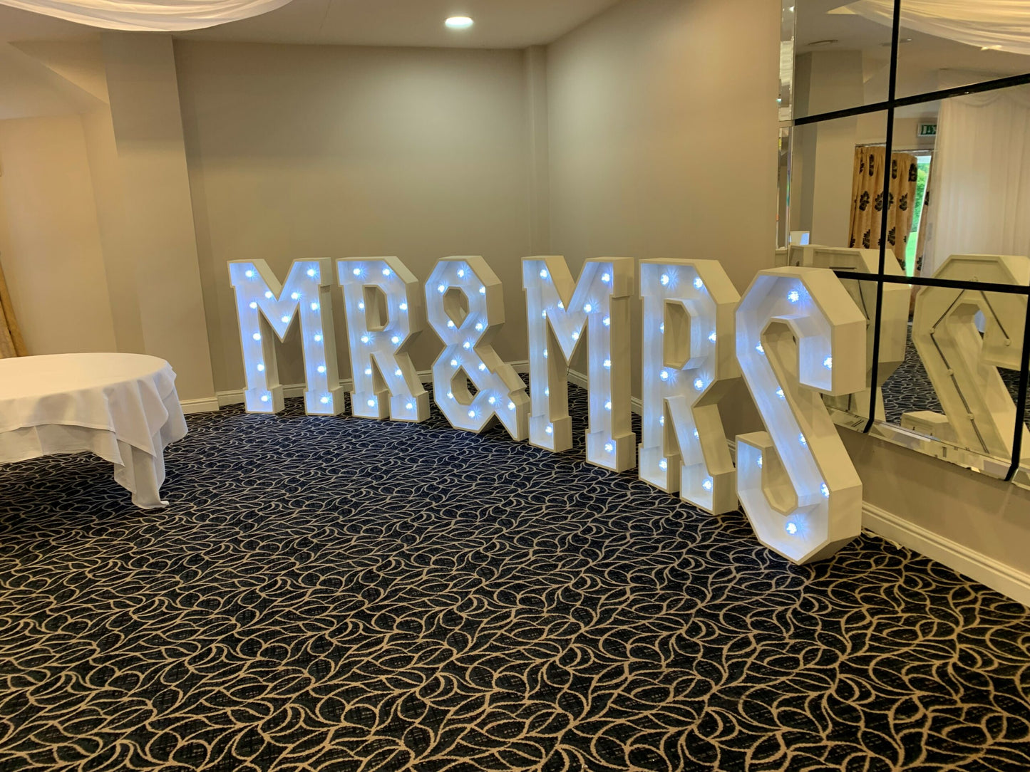 MR & MRS 4ft MDF Wooden Marquee Large LED Letters Light Up Large Figures