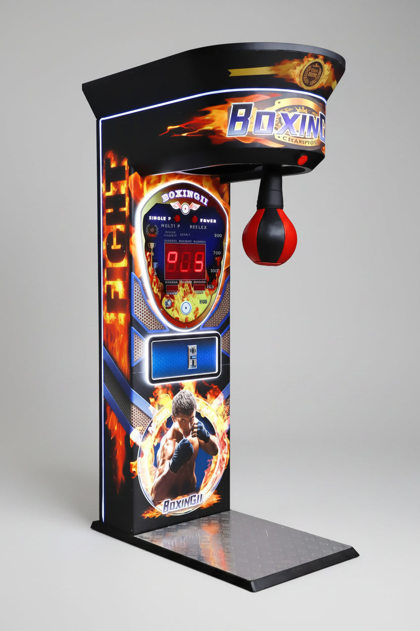 Boxing arcade machine with digital display and colorful design on a white background