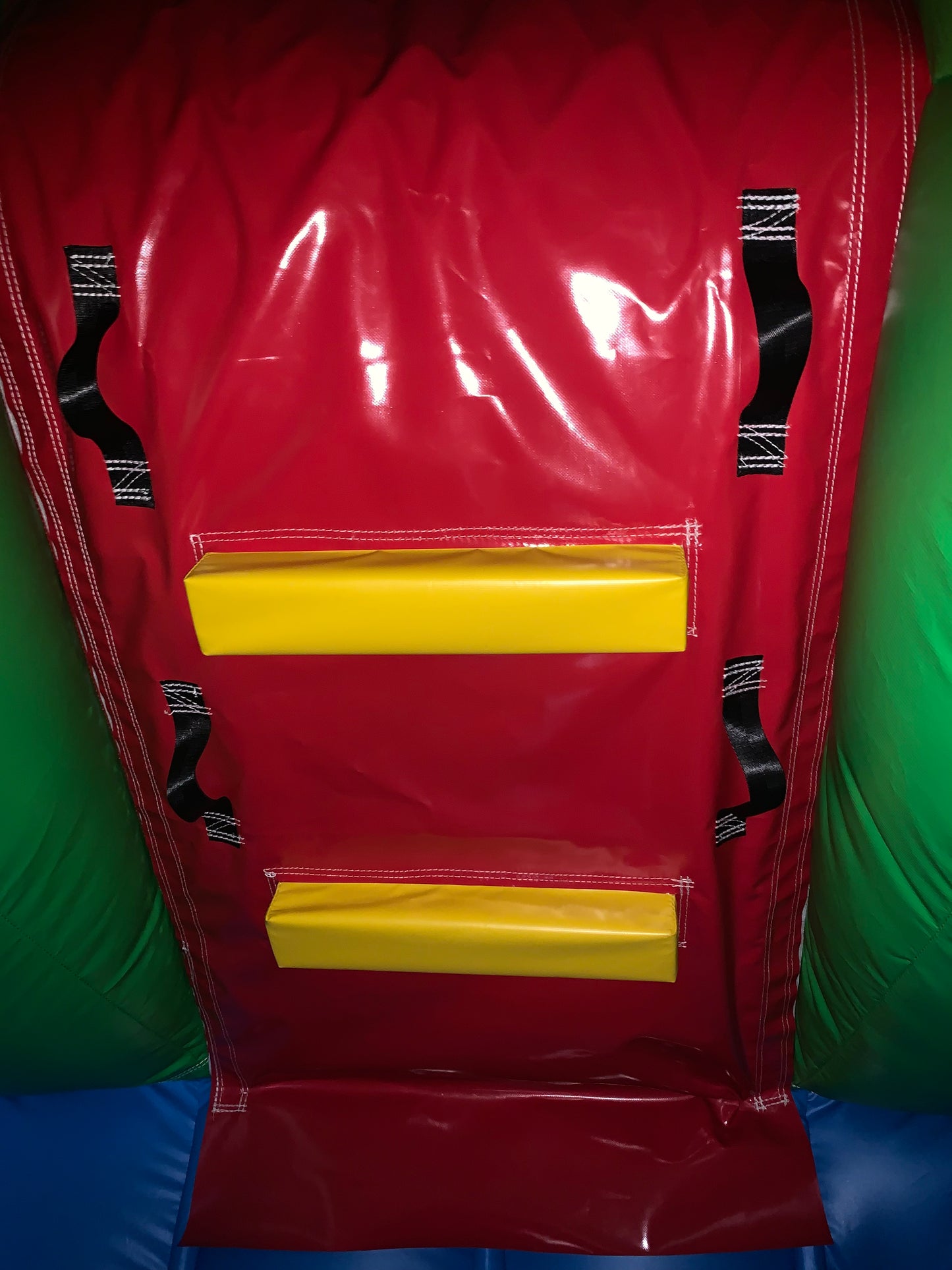 Colourful inflatable bounce house, reptile themed in an indoor setting