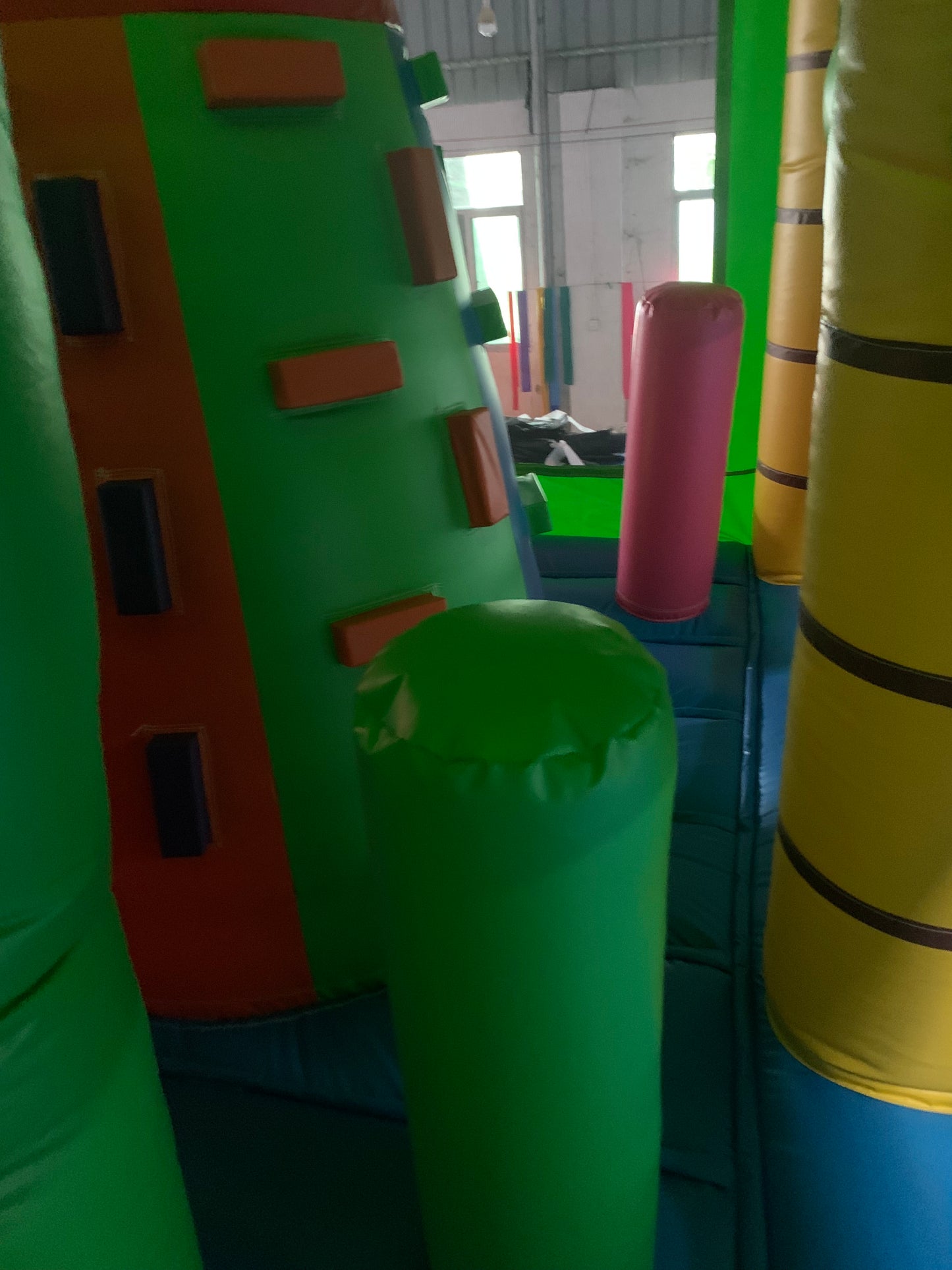 Colourful inflatable bounce house, reptile themed in an indoor setting