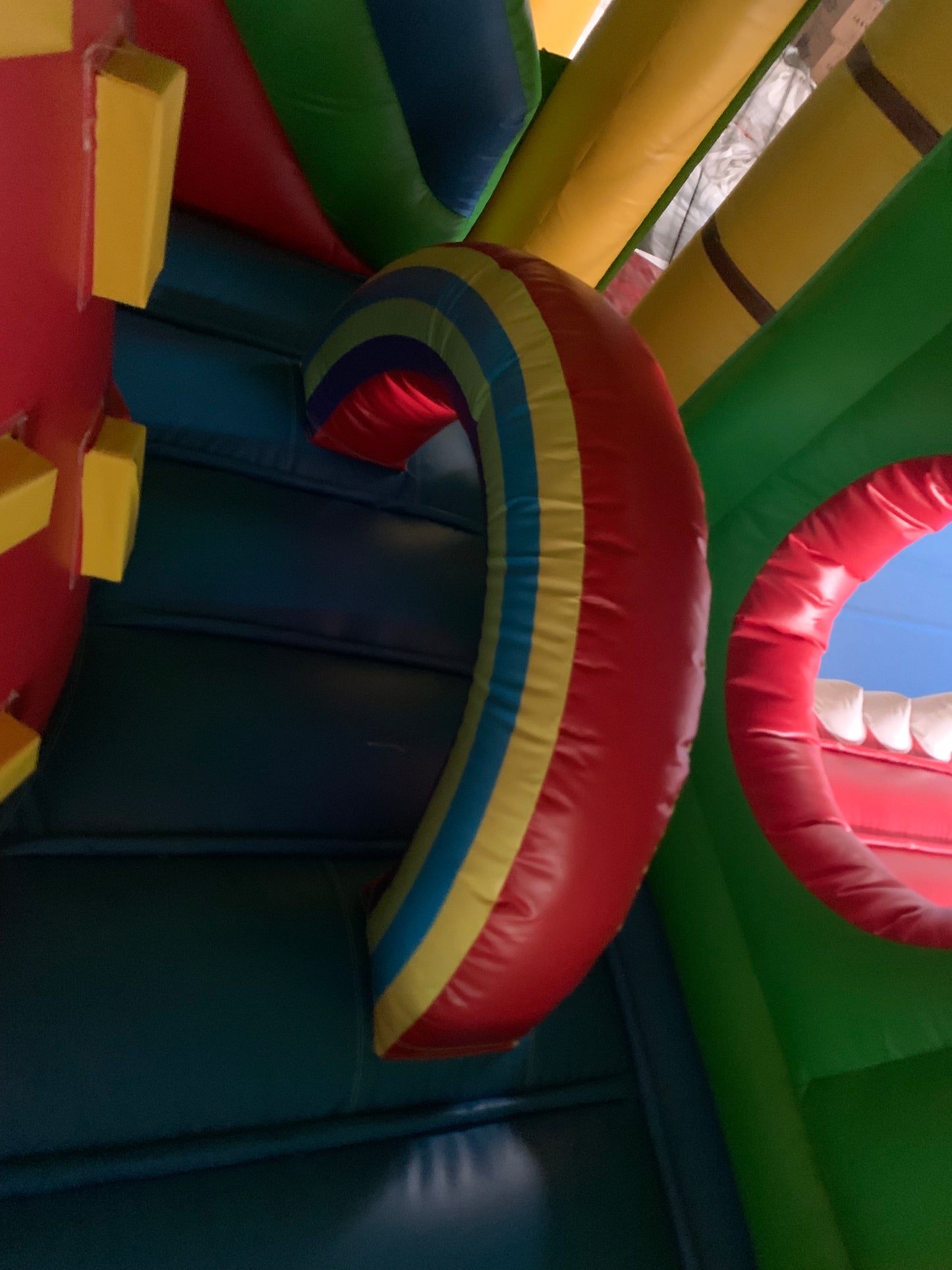 Colourful inflatable bounce house, reptile themed in an indoor setting