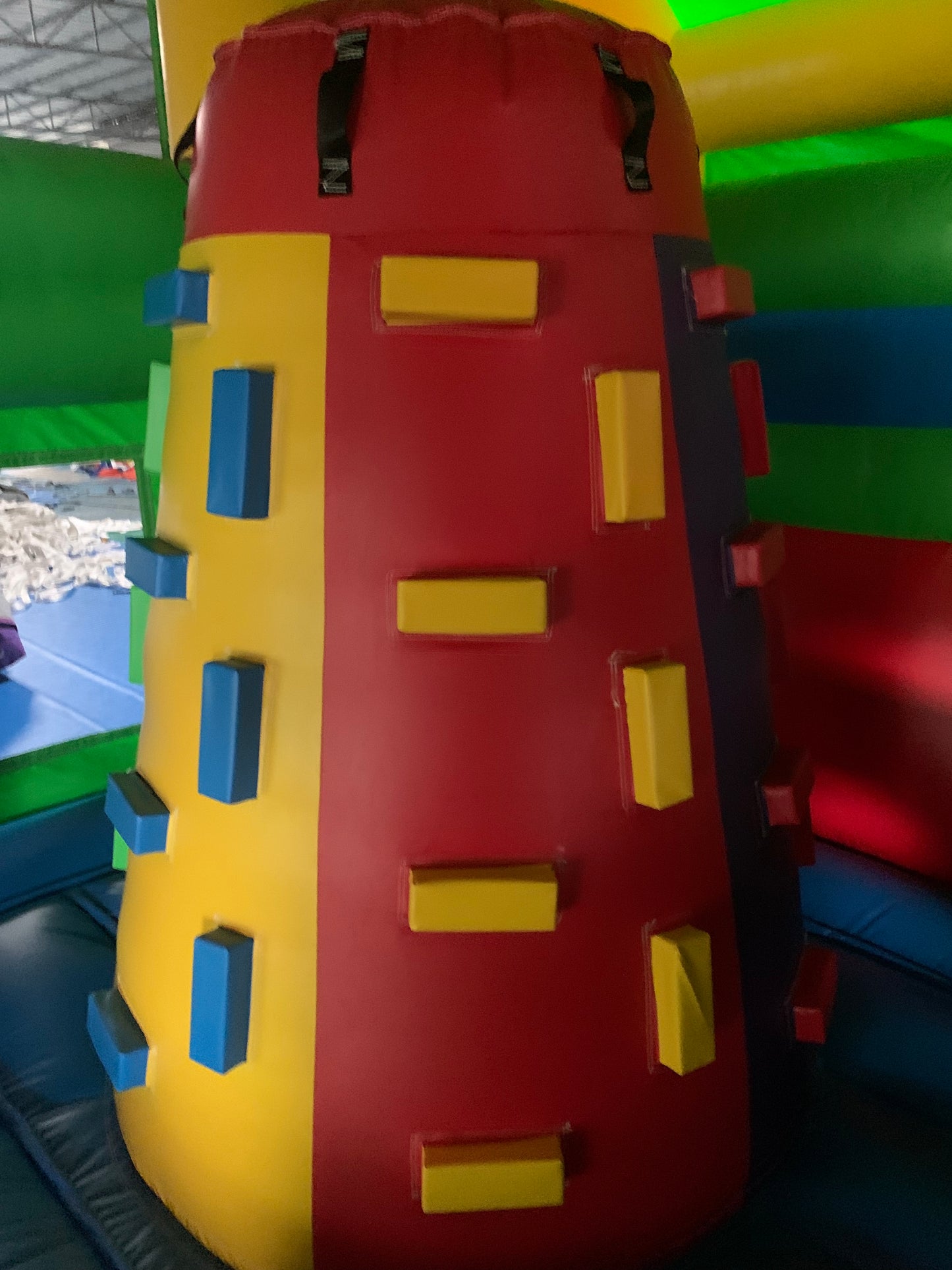 Colourful inflatable bounce house, reptile themed in an indoor setting