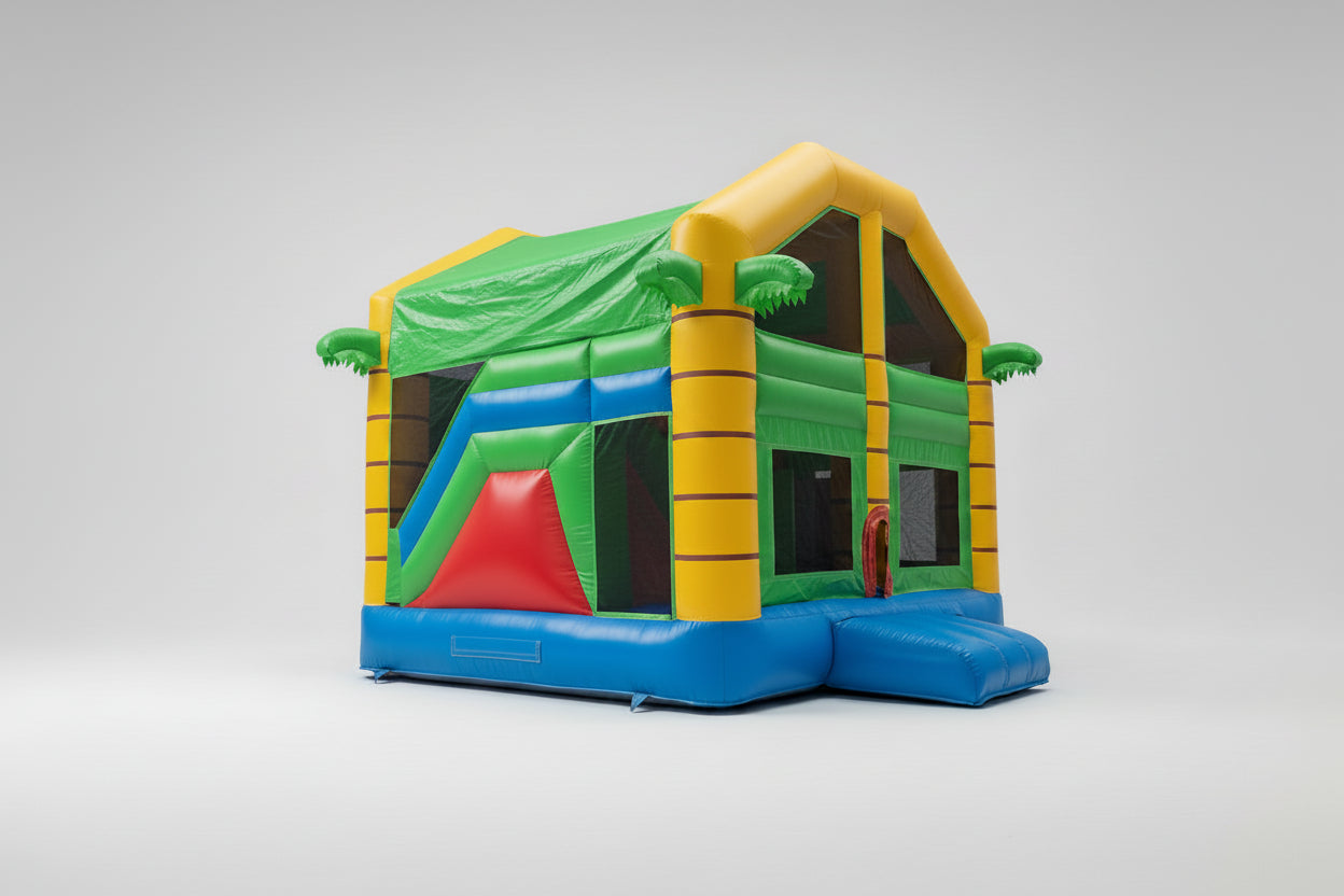 Colorful inflatable playground structure with reptile design on a white background