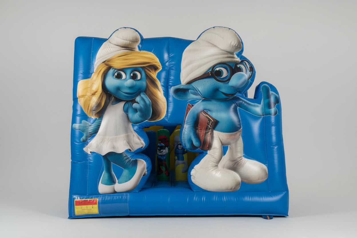 Smurf characters on an inflatable bouncy castle in an indoor setting