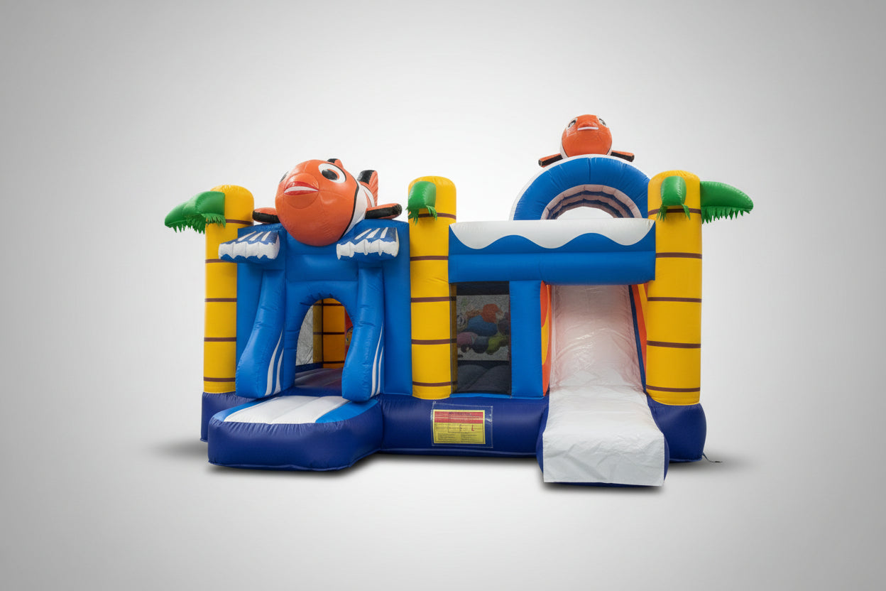 Inflatable children's play structure with cartoon character on a blue floor inside a building.