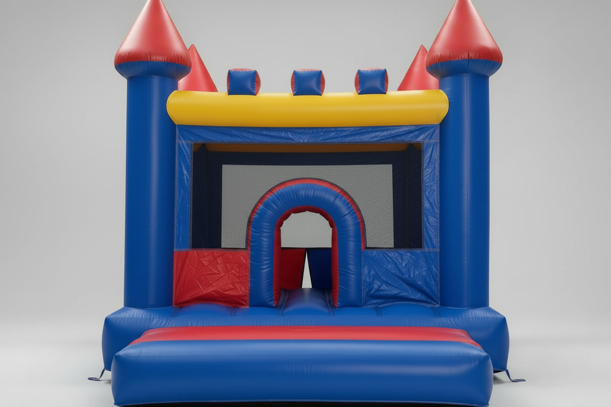 Colorful inflatable bounce house with red, blue, and yellow colors on a gray background