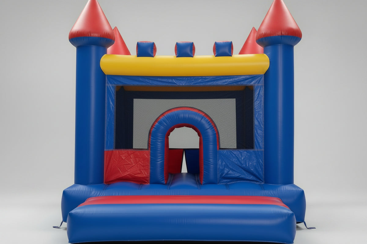 Colorful inflatable bounce house with red, blue, and yellow colors on a gray background