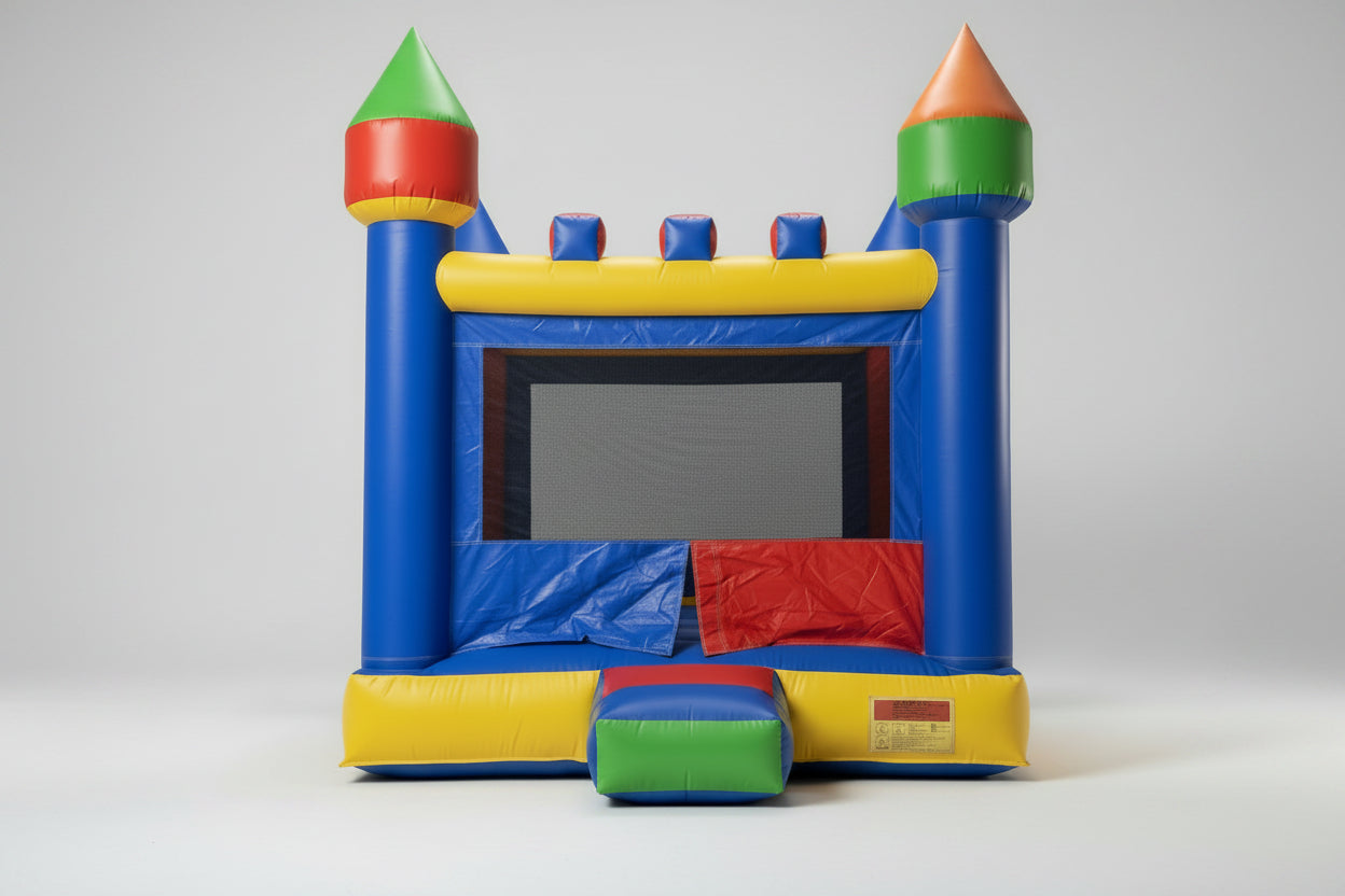 Colorful inflatable bounce house with towers on a white background