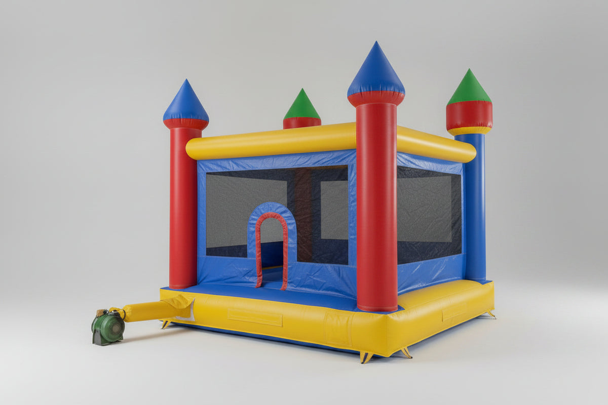 Colorful inflatable bounce house with castle design on a white background