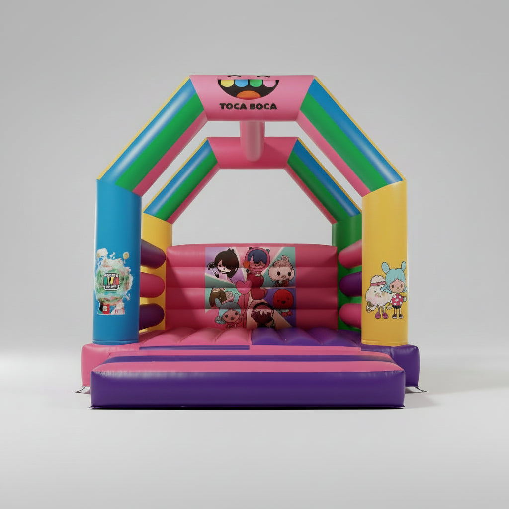 Colorful inflatable bouncy castle with 'Toca Boca' branding on a white background