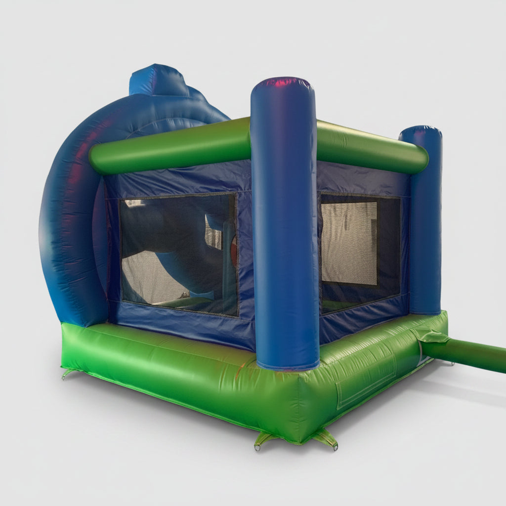 Inflatable  Super Mario bounce house with blue and green colors on a white background