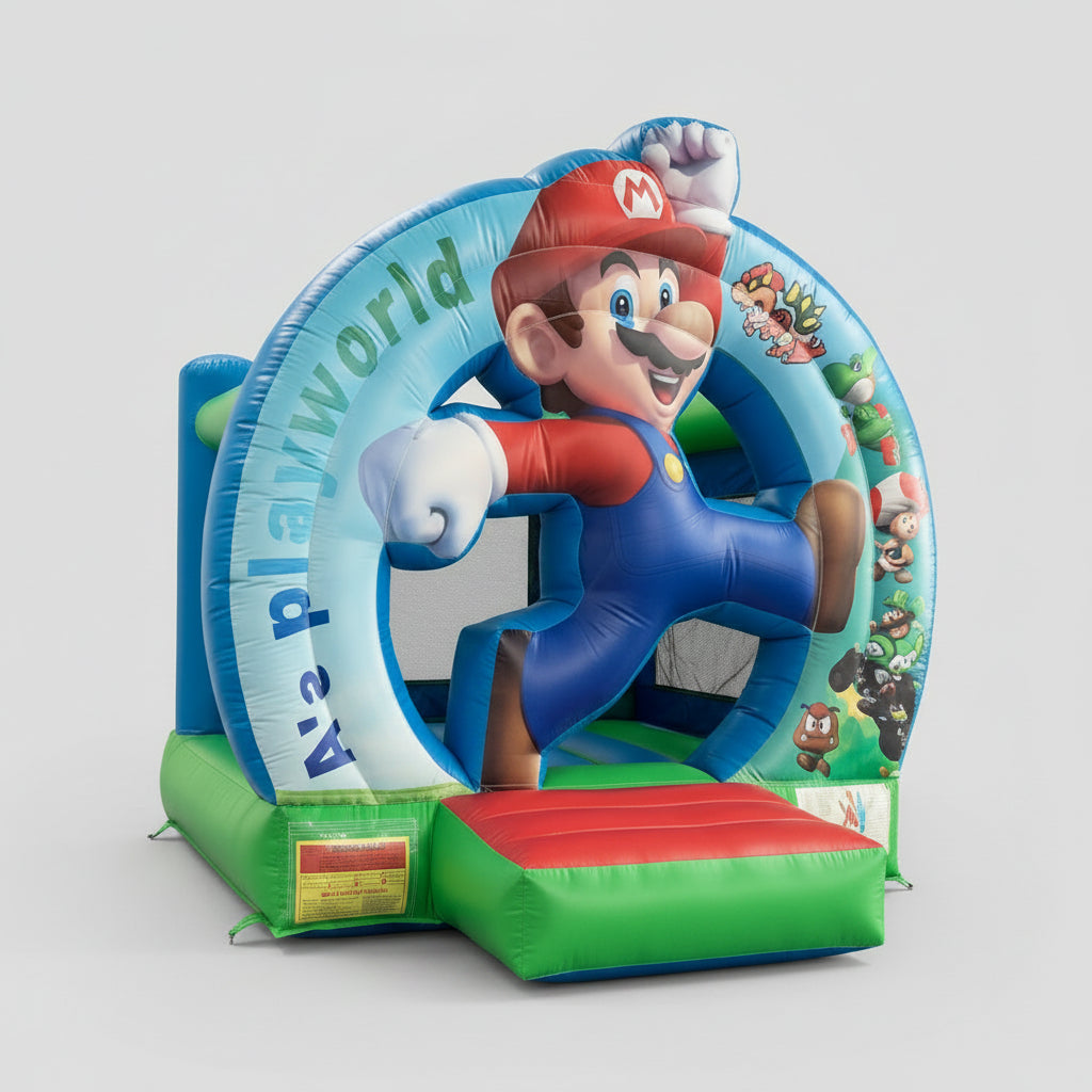 Inflatable Mario bouncy castle with character design on a gray background