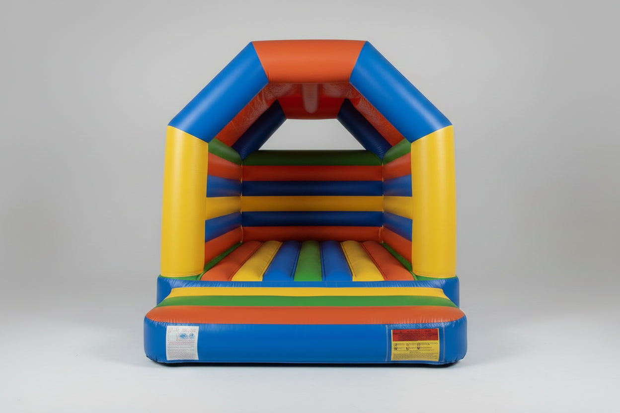 Colorful inflatable bounce house on a gray background