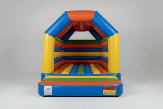 Colorful inflatable bounce house on a gray background