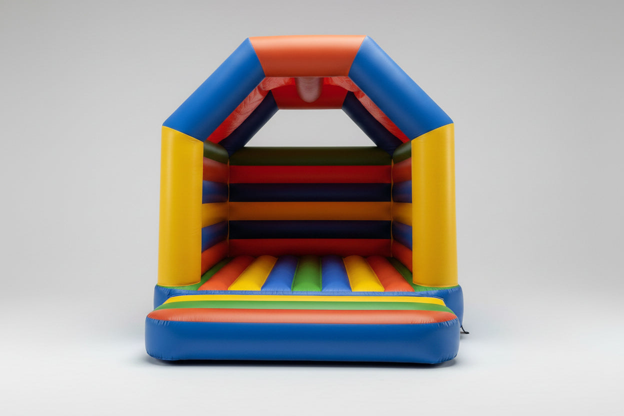Colorful inflatable bounce house on a white background