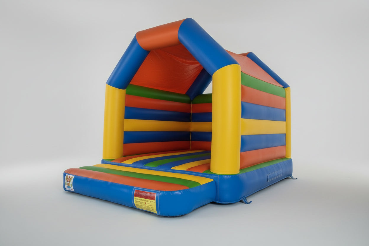 Colorful inflatable bounce house on a white background