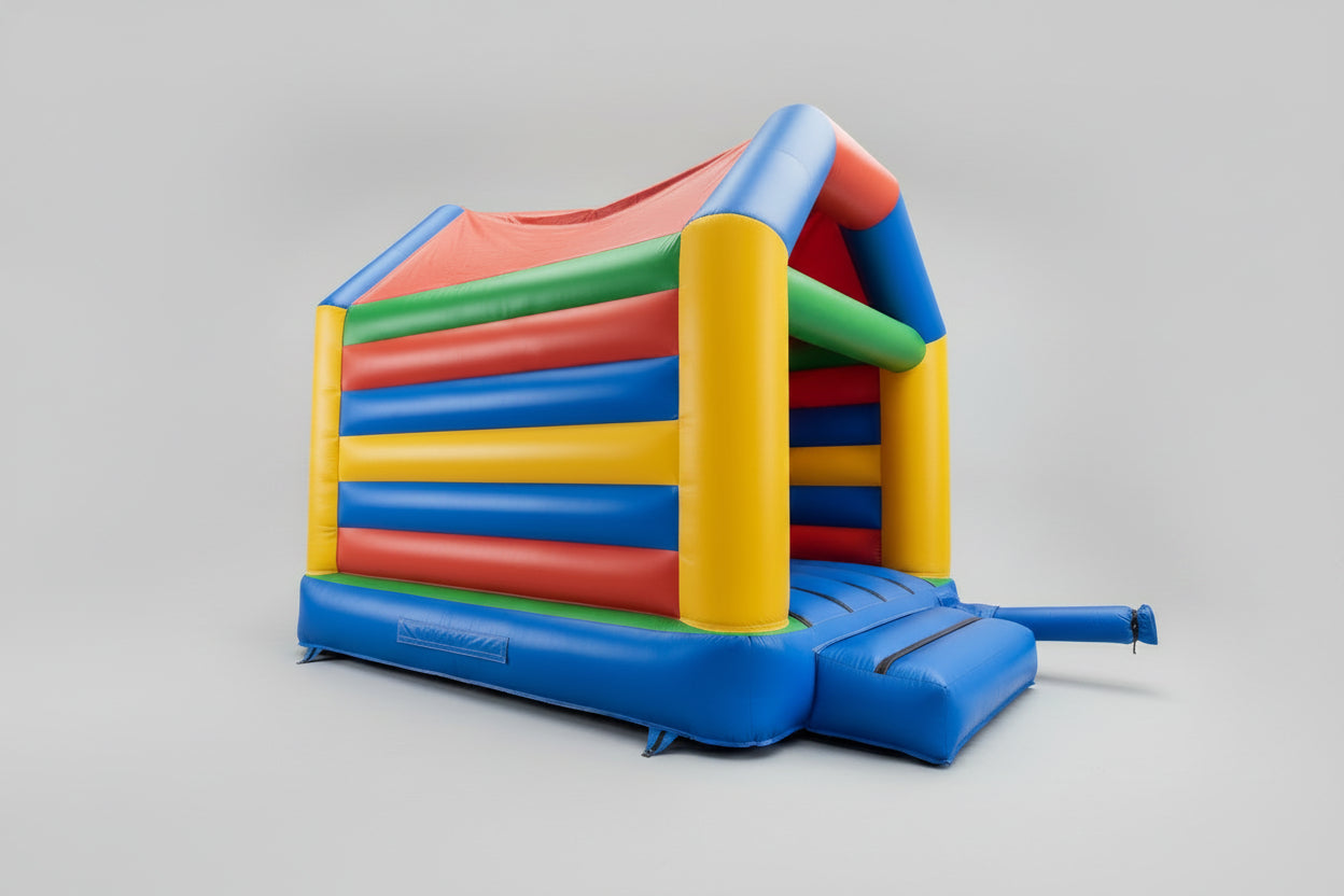 Colorful inflatable bounce house on a gray background