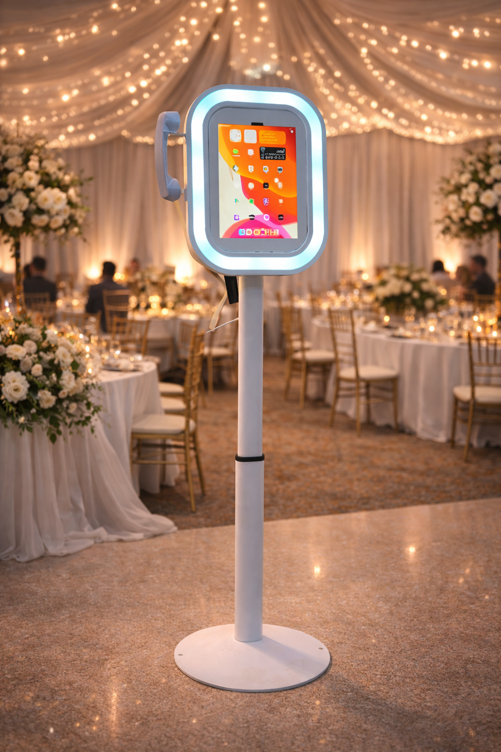 iPad Telephone Stand Audio Video Guestbook Selfie Pod with screen in a wedding reception setting