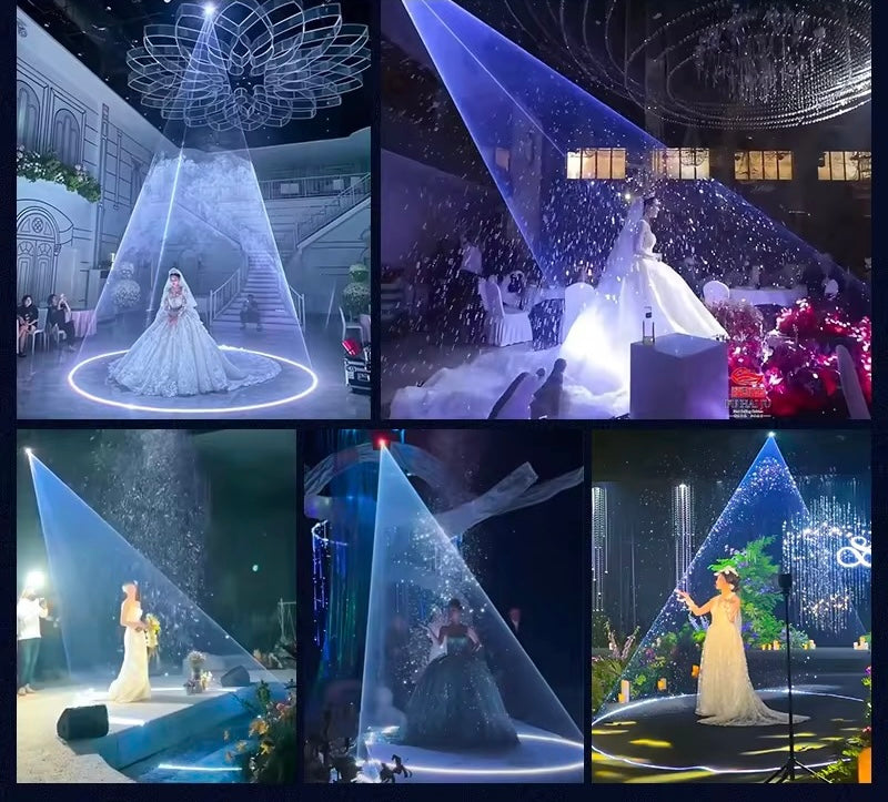Collage of wedding scenes with a focus on a bride in a white gown, set against indoor snow backdrop