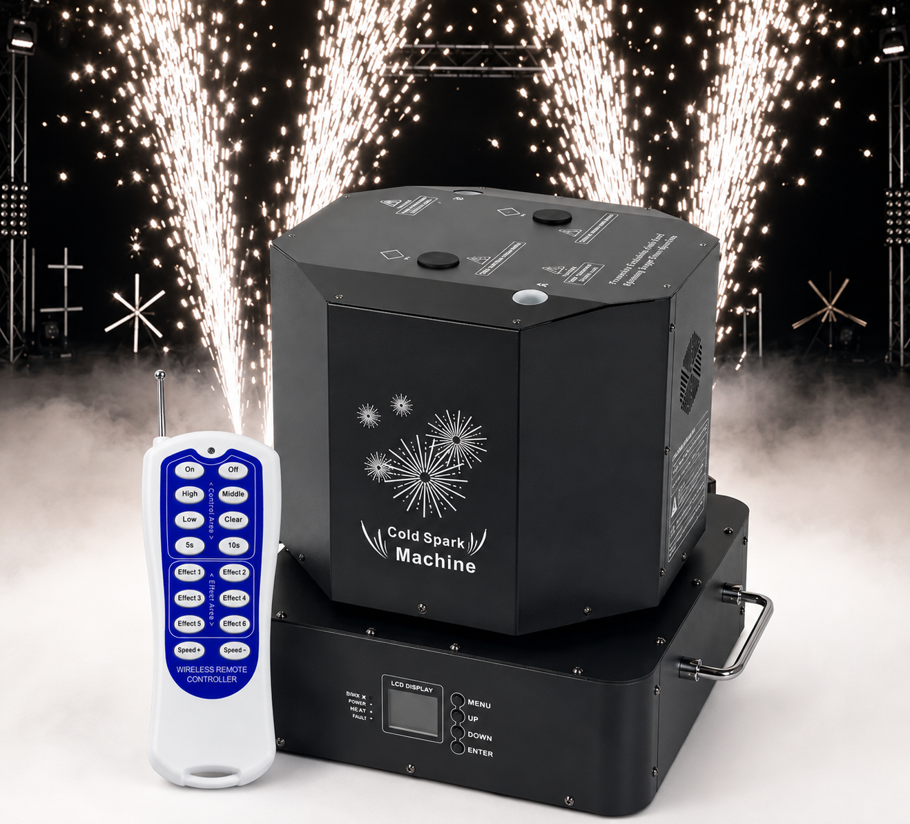 Cold spark machine with remote control in front of fireworks display