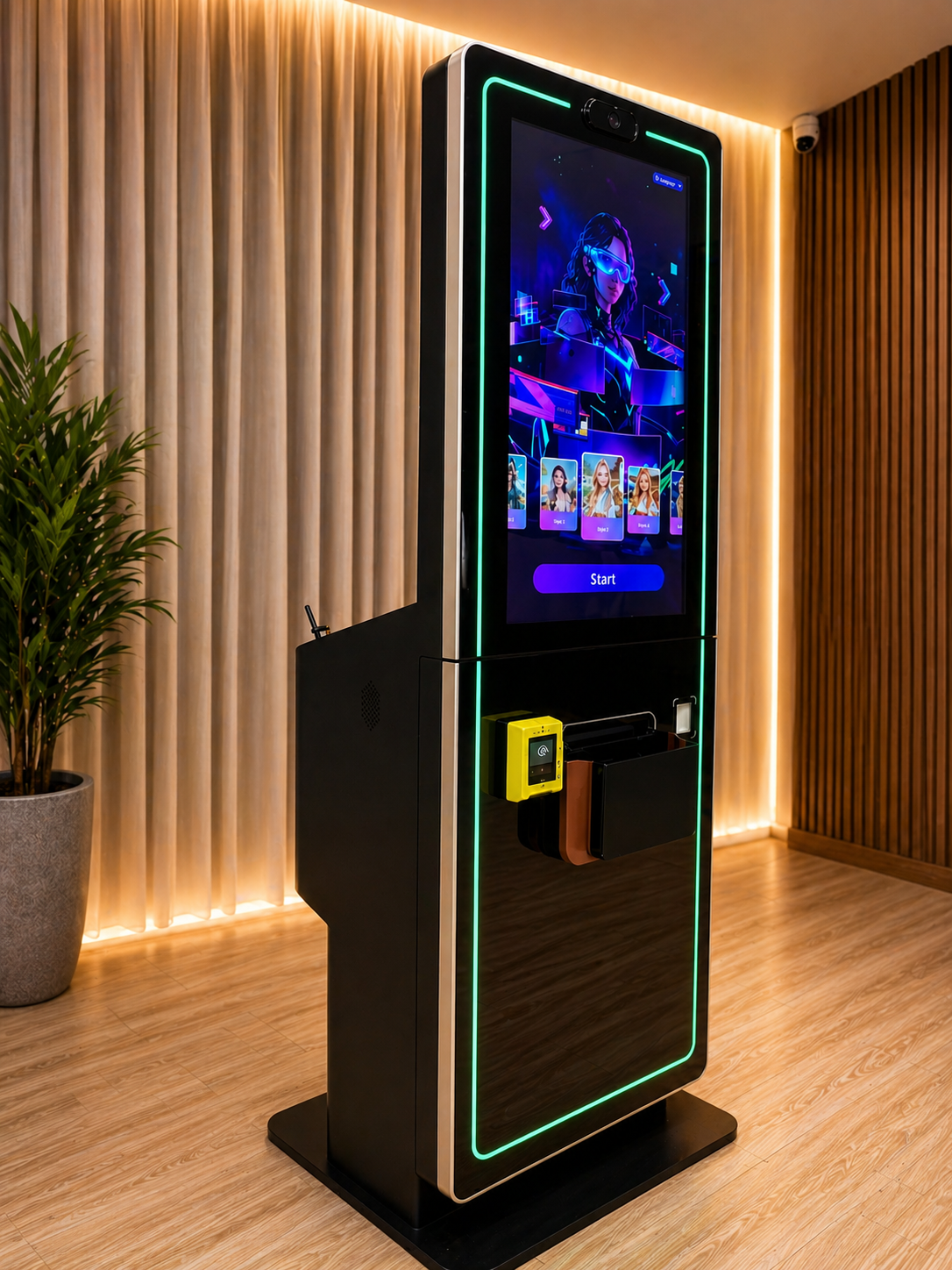 AI Aura Photo Booth With Payment System Selfie Pod in a modern well lit room