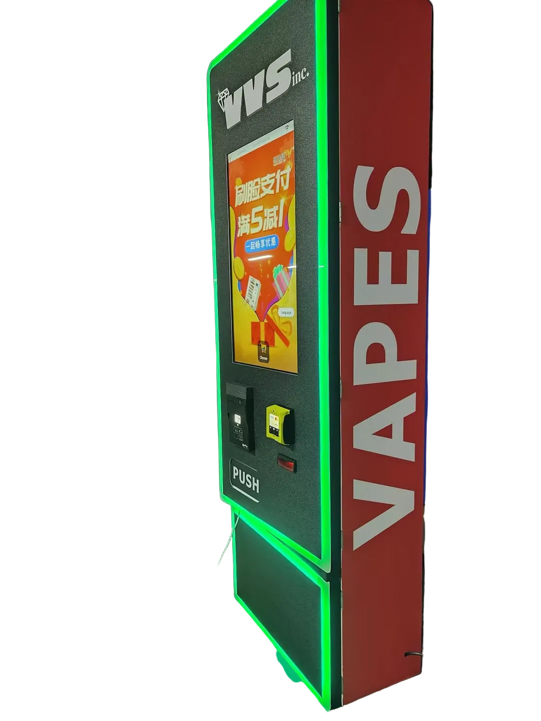 Vending machine with 'Vapes' branding in an indoor setting with card payment option.