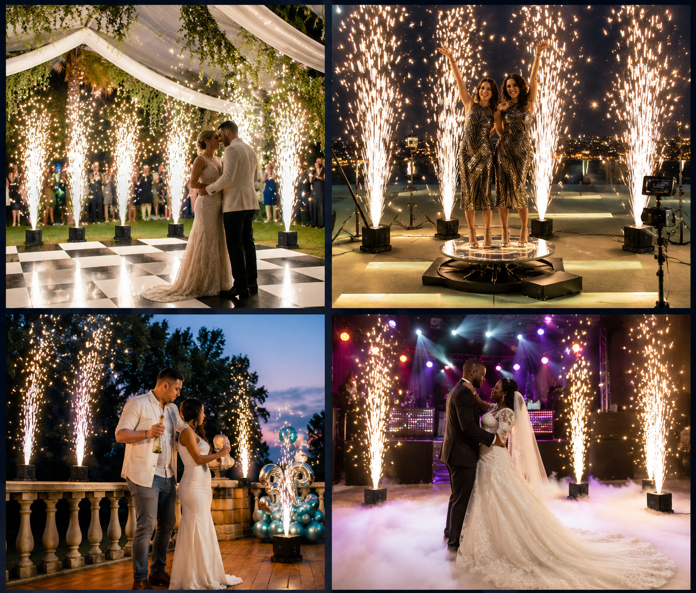 Collage of wedding scenes with fireworks and couples in formal attire.