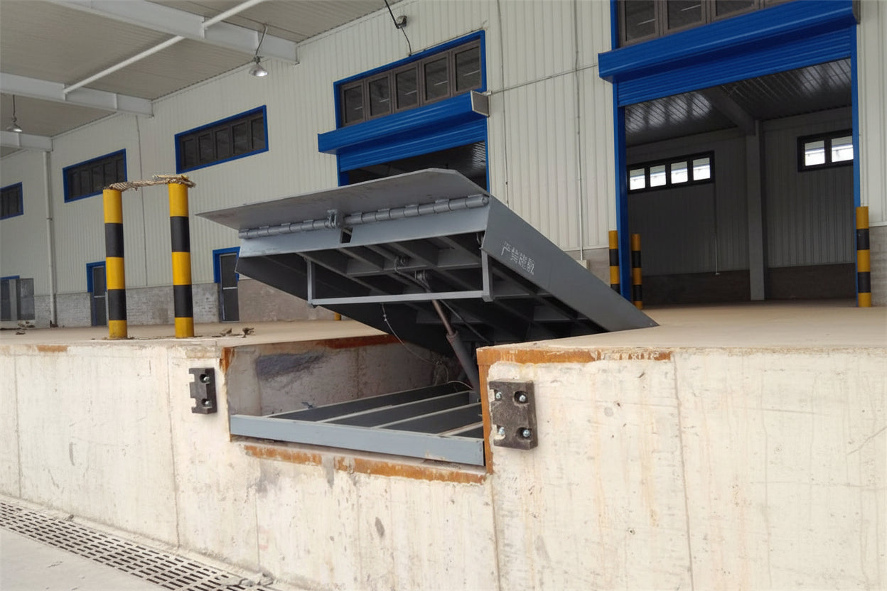 Industrial loading dock with a hydraulic lift in a warehouse setting