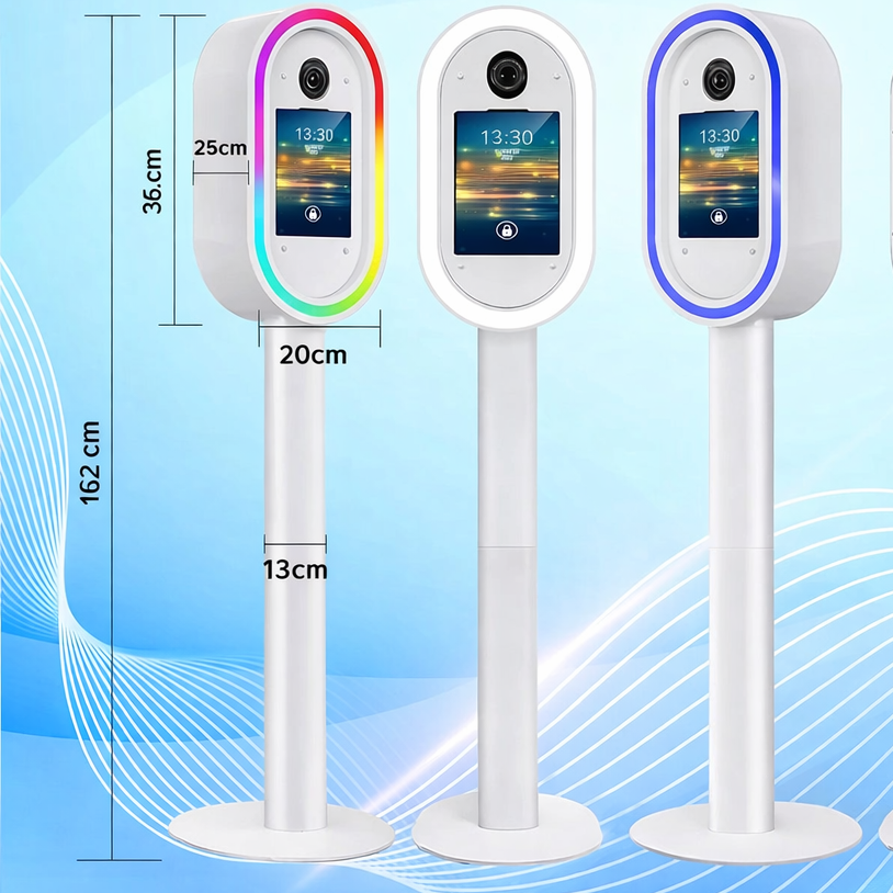 Product size measurement chart with Metal DSLR iPad Selfie Pod Photobooth LED on a white background on a blue background