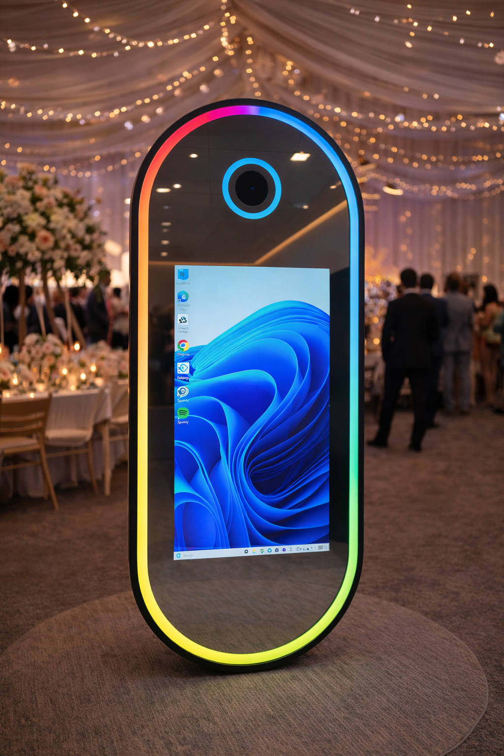 Interactive Oval Magic Mirror Photobooth at a festive indoor setting