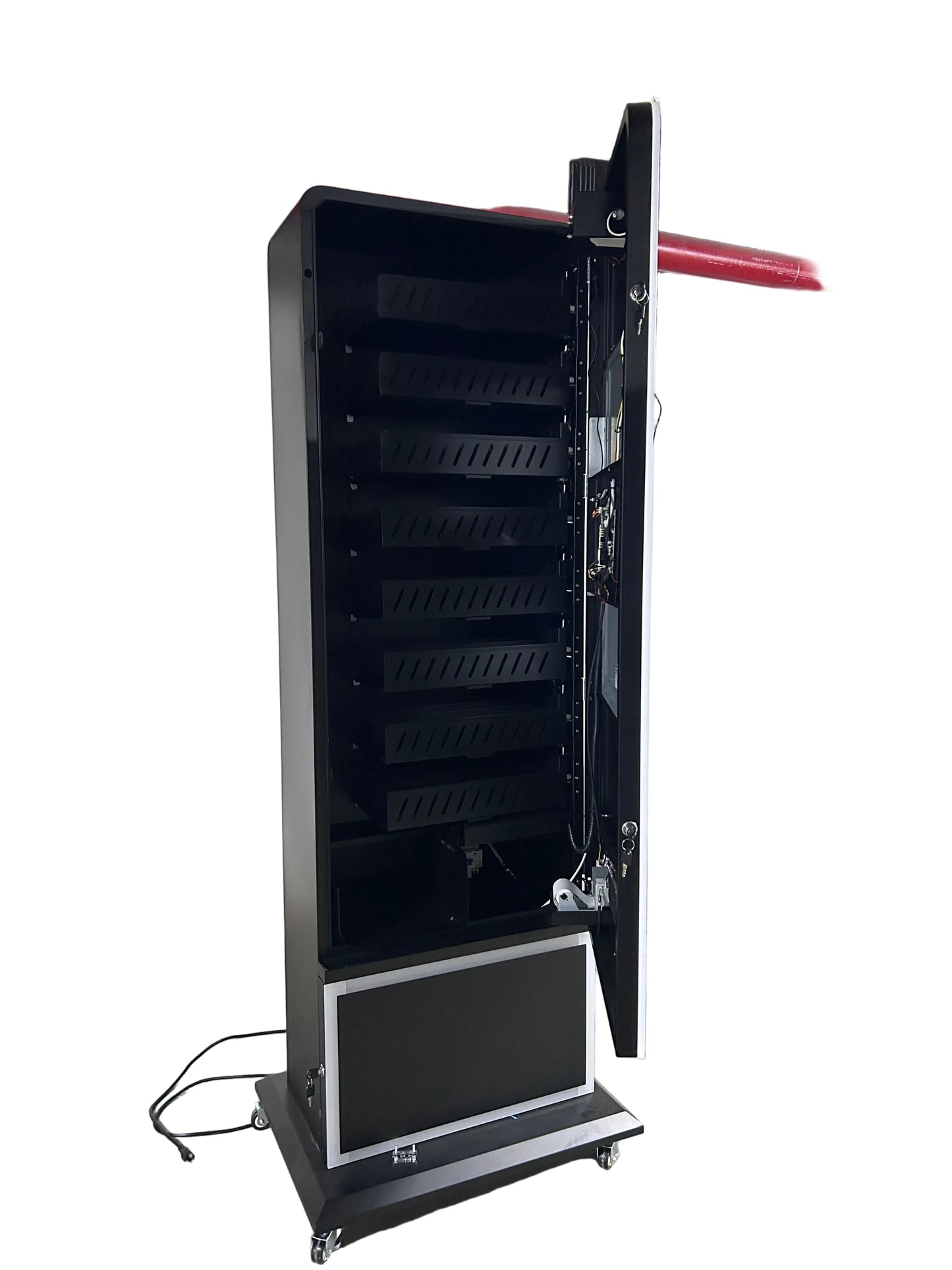 Black vending machine device with open door displaying the interior on a white background 