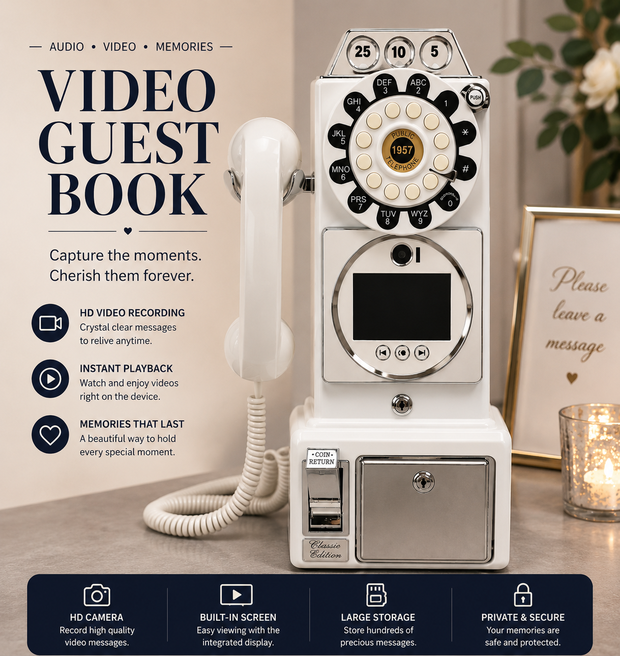 Audio Video Guestbook Telephone Vintage Turntable Large