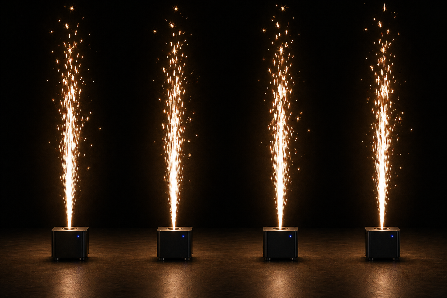 Four firework displays in a row against a dark background