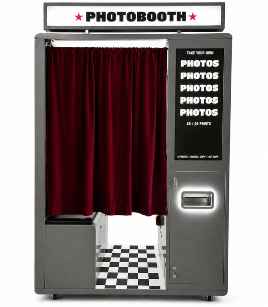 Enclosed Photobooth with red curtain and checkered floor on a white background