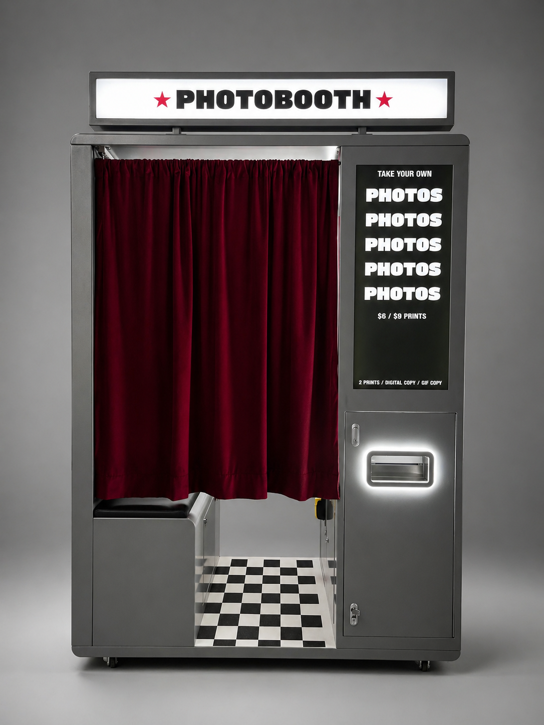 Photobooth with red curtain and digital display on a gray background