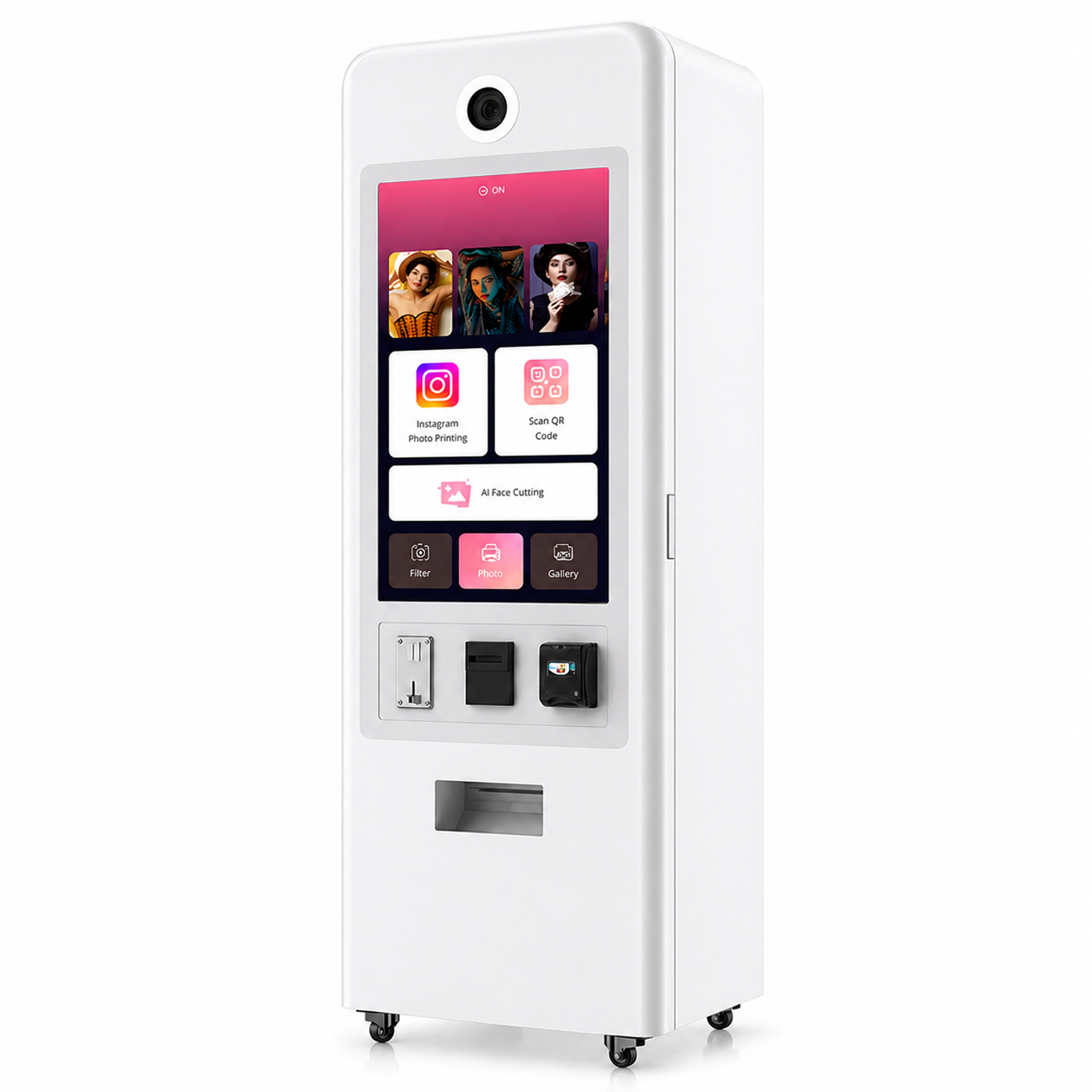 White touch screen machine with various icons on a white background with card payment, coin and cash options.