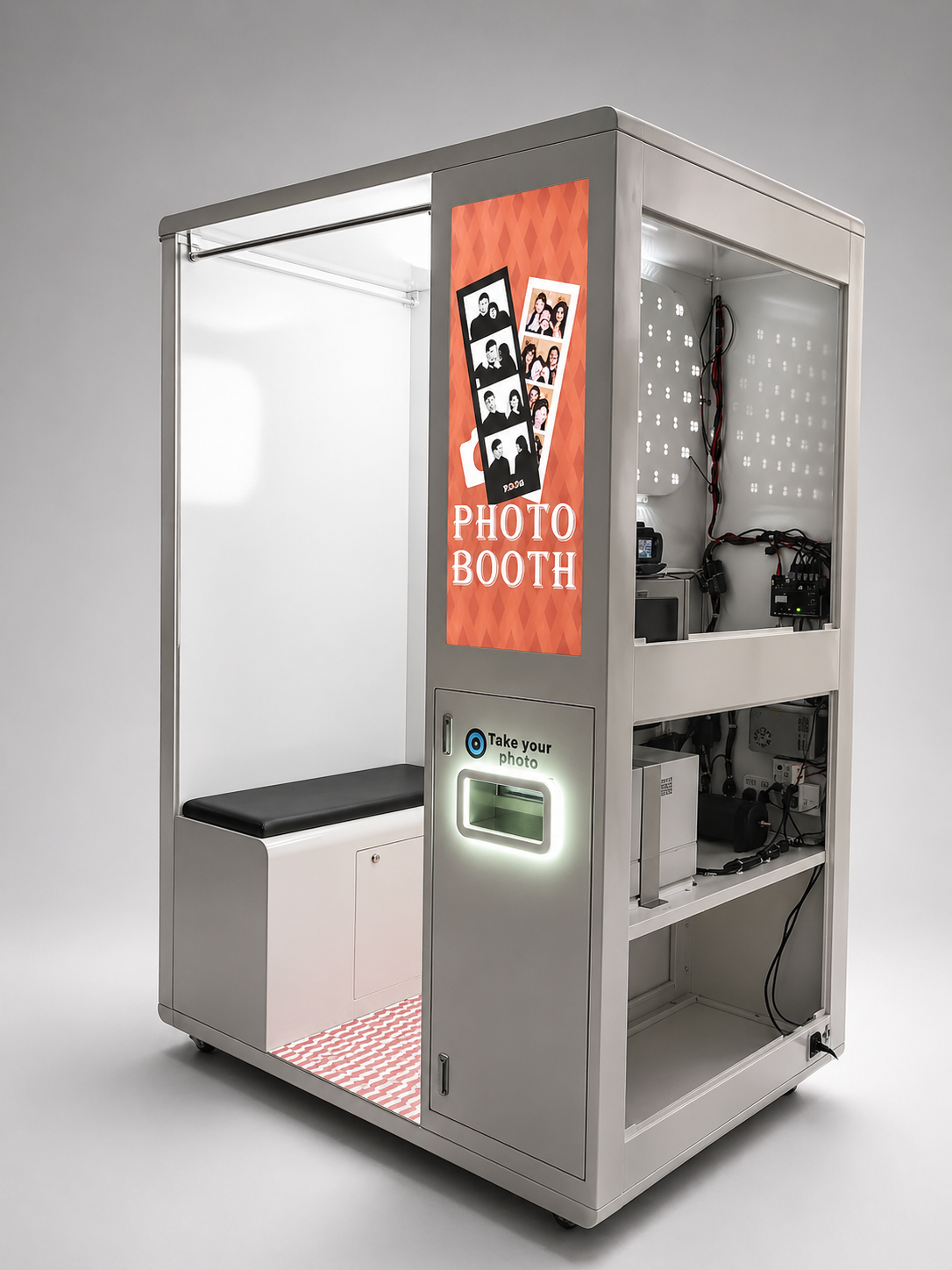 Enclosed Photobooth with red curtain and checkered floor on a grey background