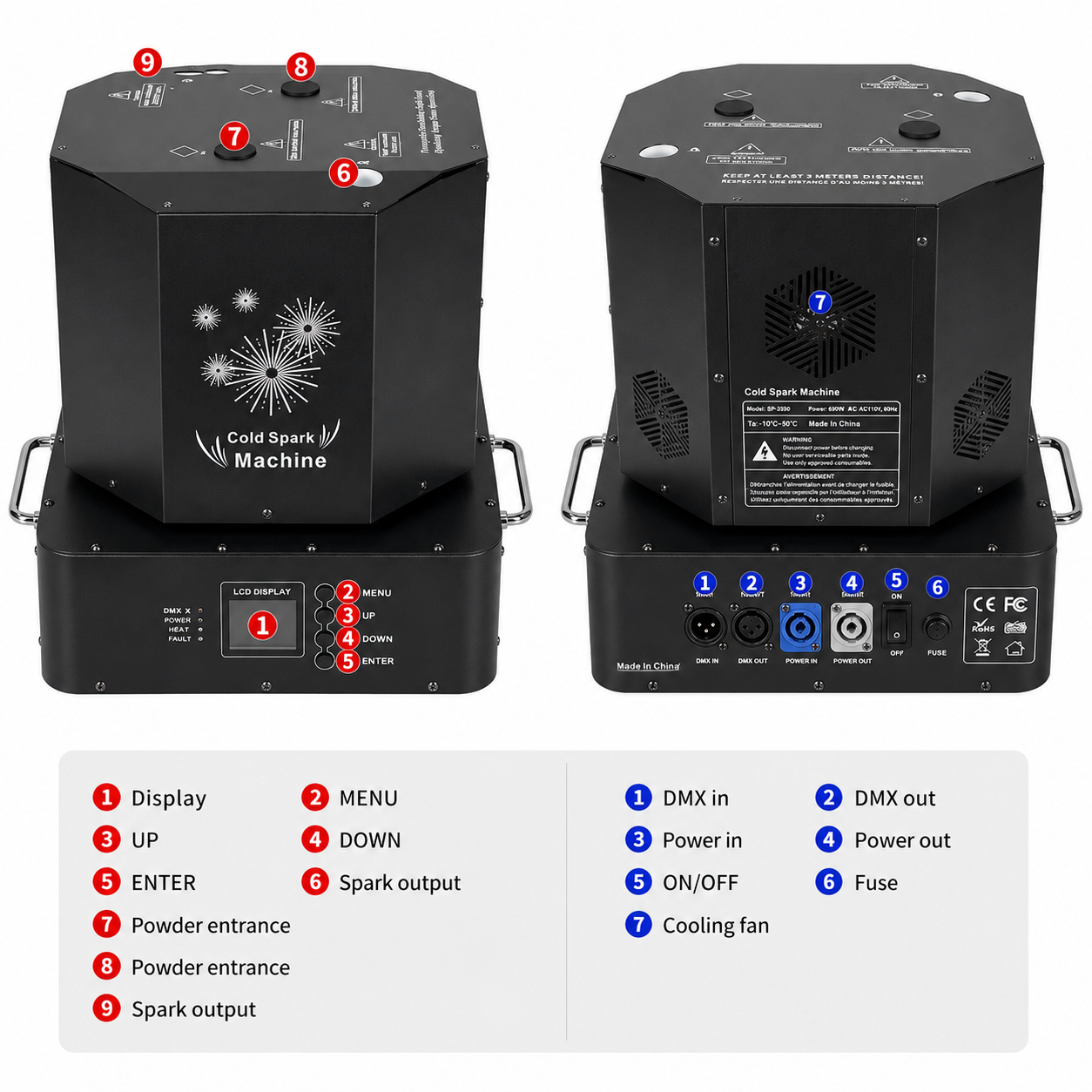 Two black cold spark machines with labeled parts on a white background