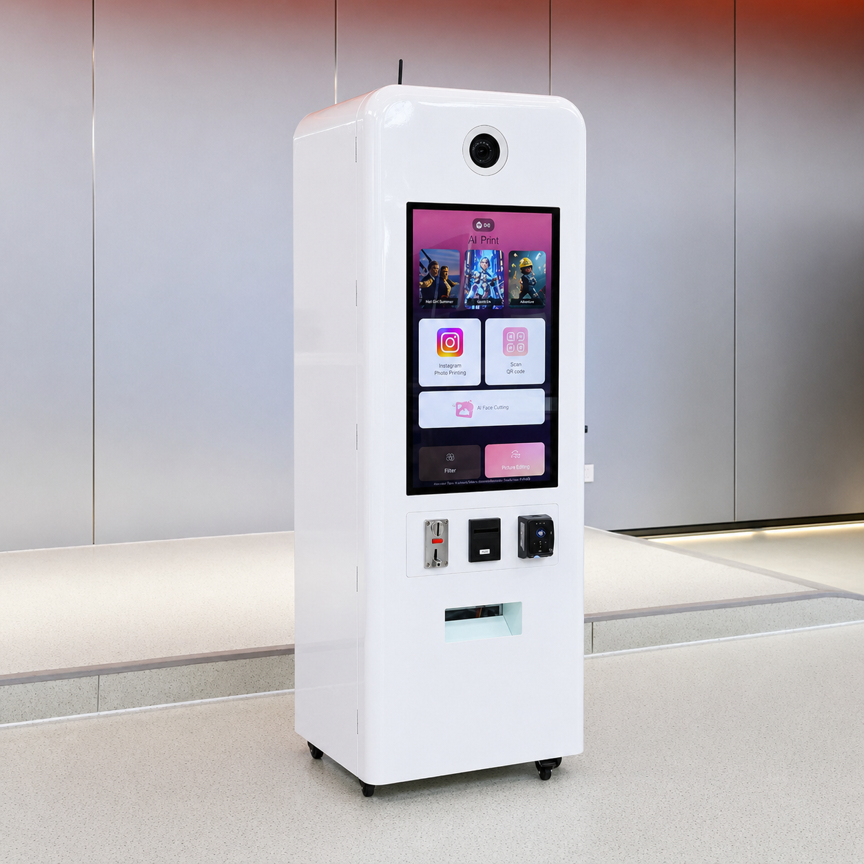 White touch screen machine with various icons on a white background with card payment, coin and cash options.