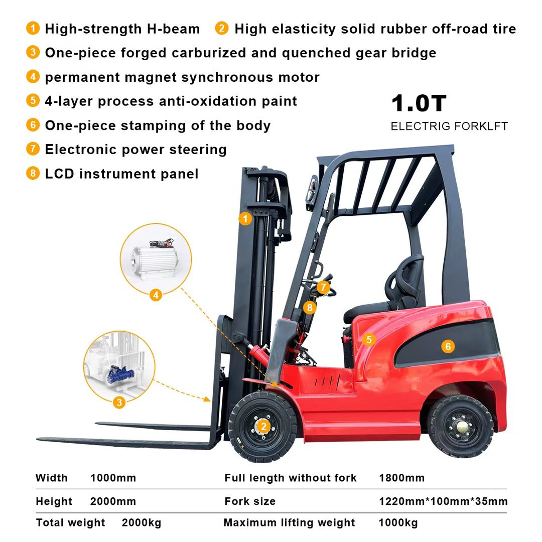 Red electric forklift with technical specifications on a white background