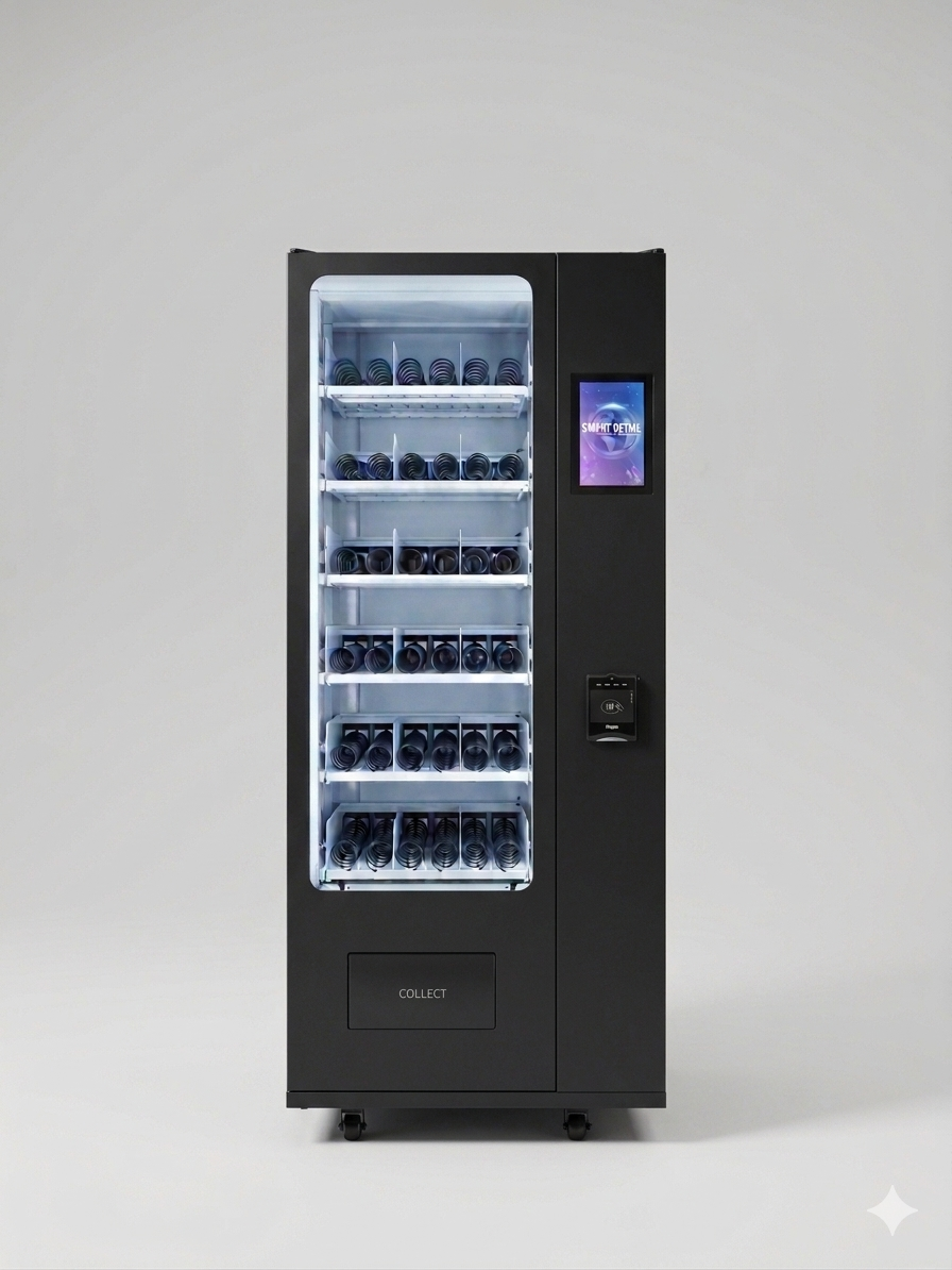 Black vending machine with digital display on a white background