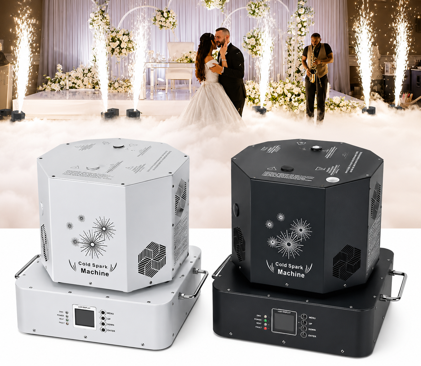Two cold spark machines on a white background with a wedding scene in the background.