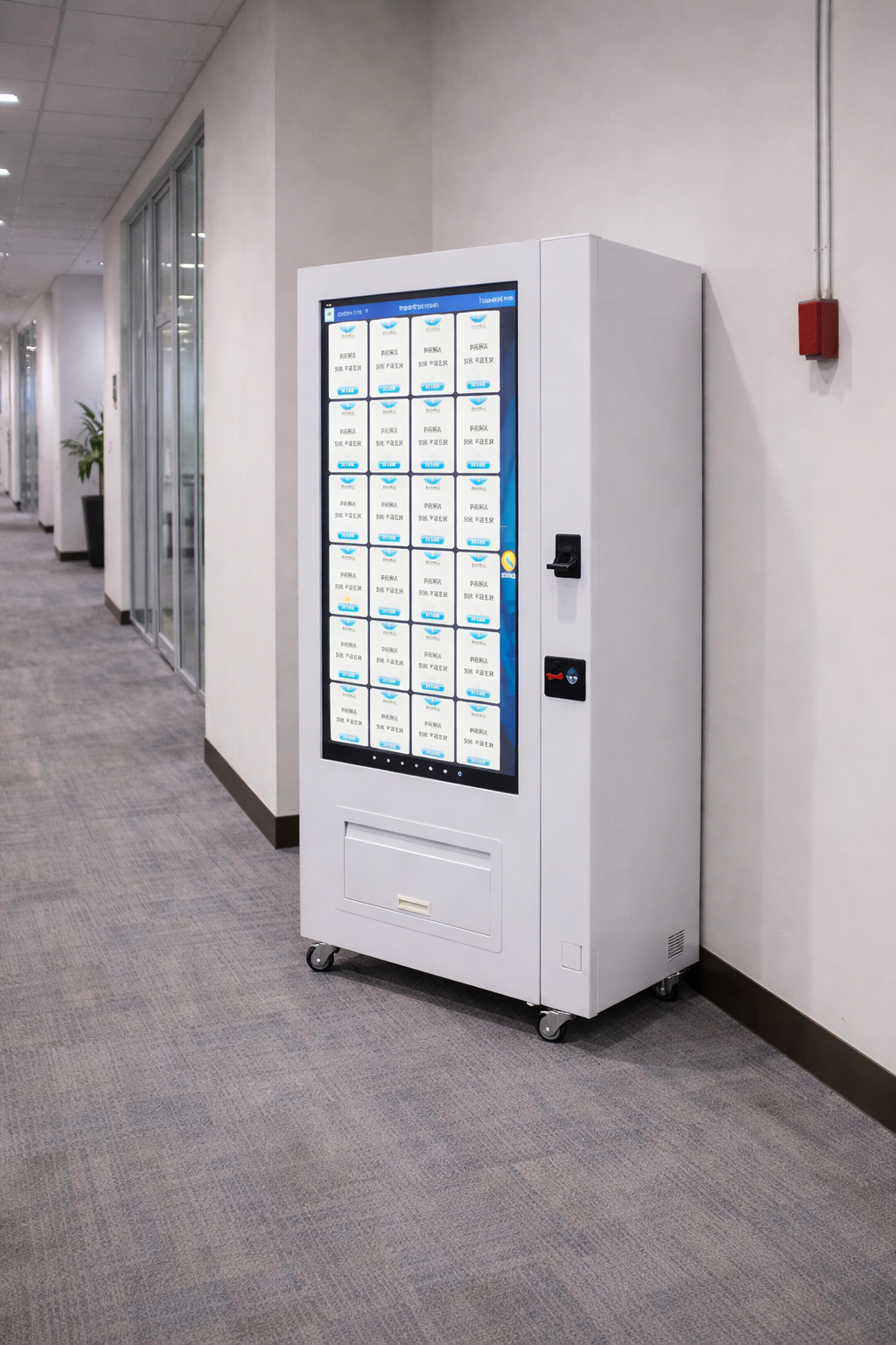 Vending machine with a digital display in an office setting, with coin inserter