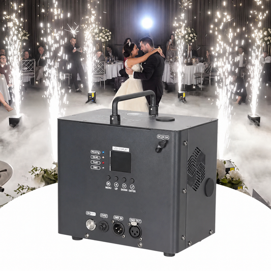 Dance floor with wedding couple, smoke machine, and sparklers in a celebratory setting.