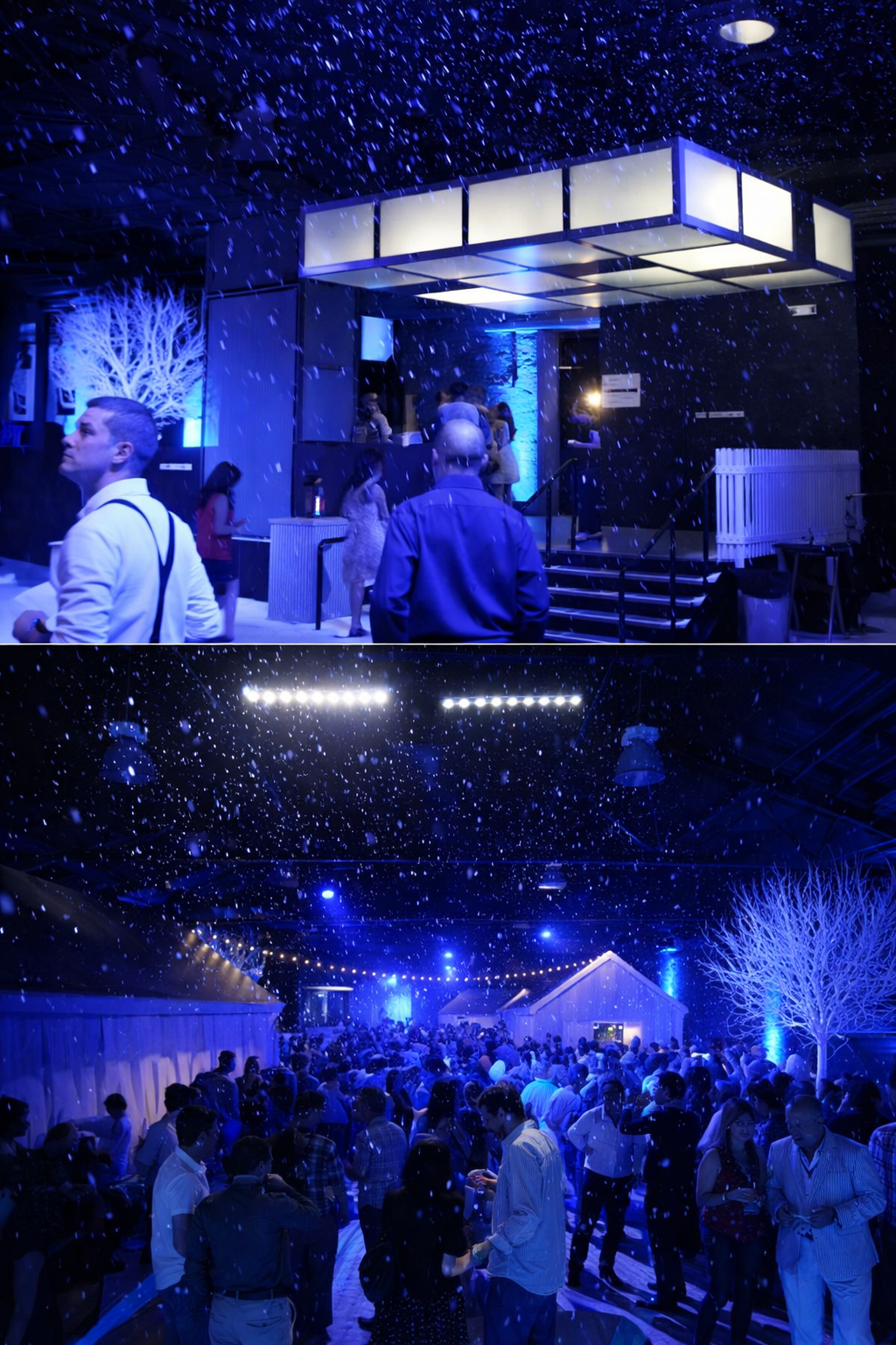 Top-down view of a crowded event space with people enjoying indoor snow effect