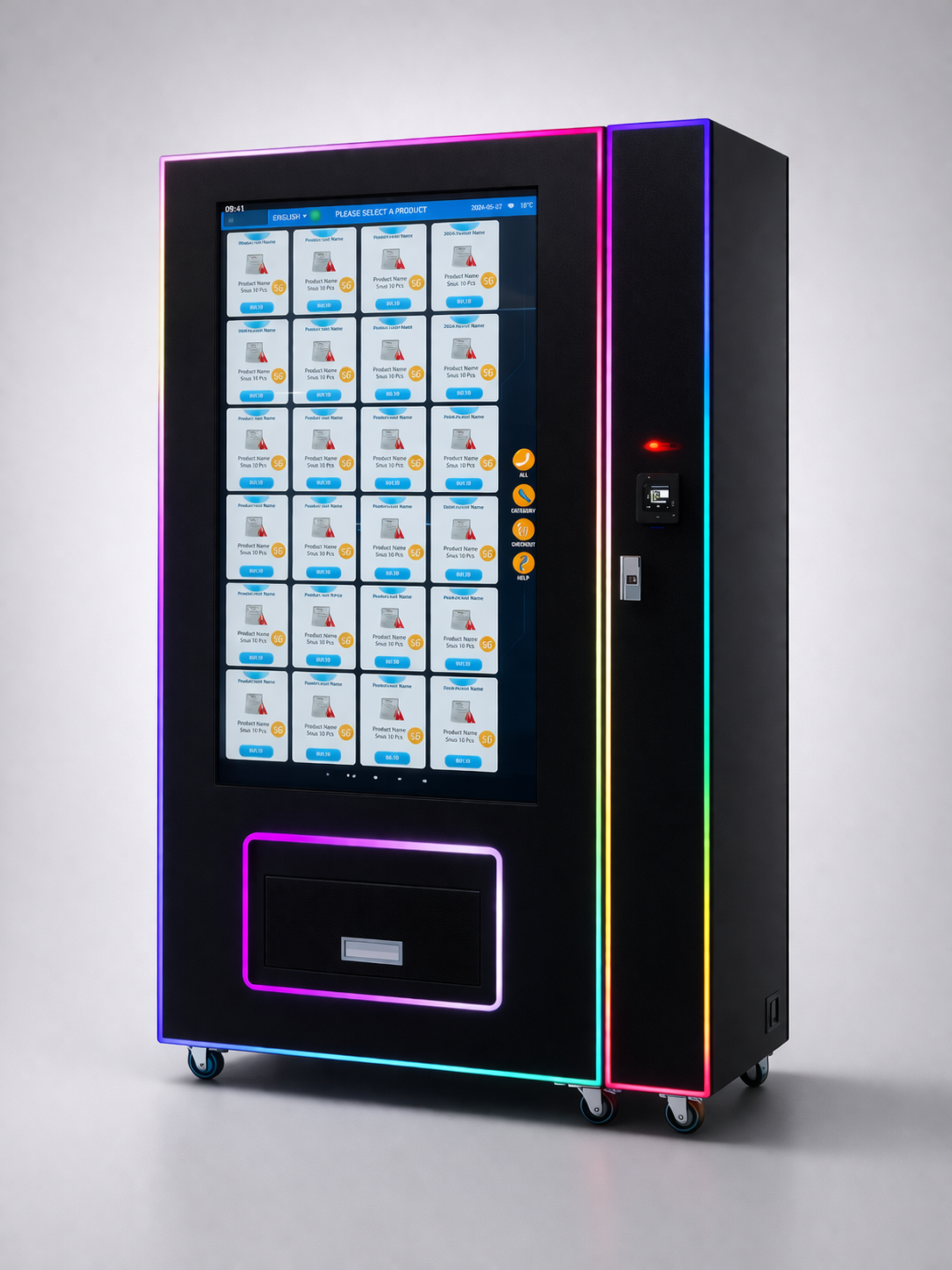 Vending machine with digital display and coin payment interface on a gray background